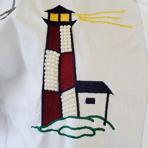Jane Ashley Shirt Women's Medium White Nautical Embroidered Beaded Button-Down - Picture 9 of 12